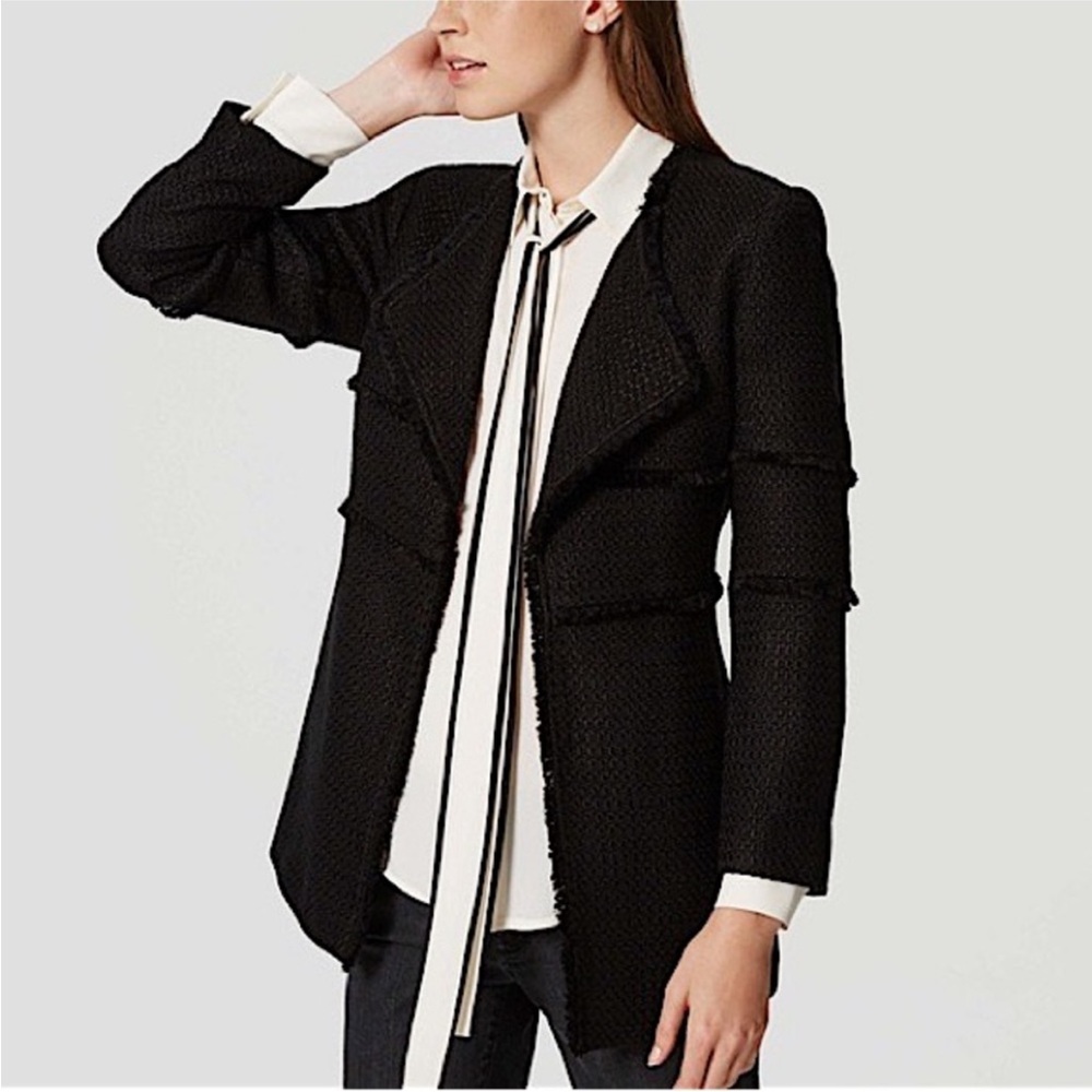 LOFT Tweed Draped Open Front Jacket Blazer in Black Size Small